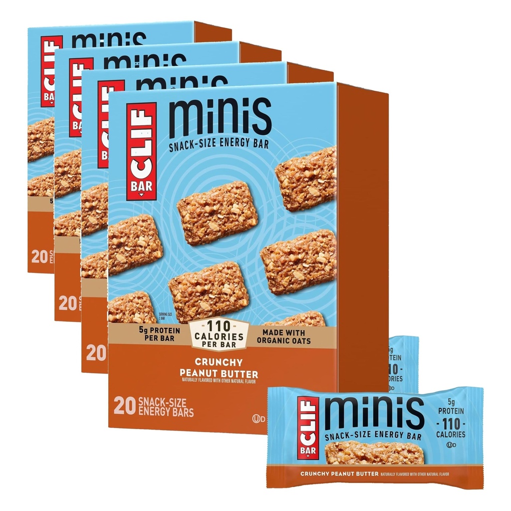 CLIF BAR Minis - Crunchy Peanut Butter - Made with Organic Oats - 5g Protein - Non-GMO - Plant Based - Snack-Size Energy Bars - 0.99 oz. (20 Count) (Pack of 4)