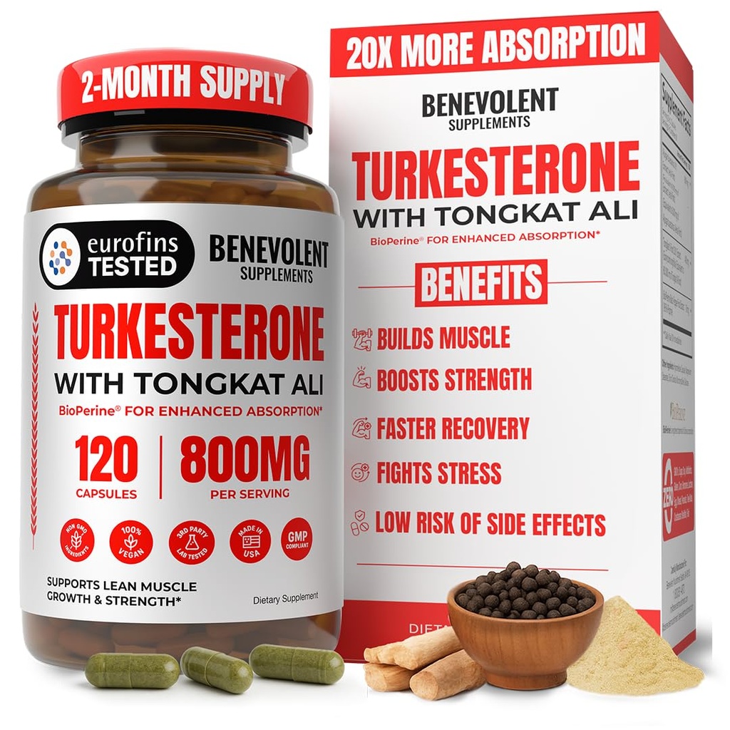 Benevolent Turkesterone with Tongkat Ali & BioPerine (Max Absorption) - High Potency 800mg Turkesterone Supplement for Men & Women - Increase Stamina, Muscle Growth, Recovery, 2 Months Supply
