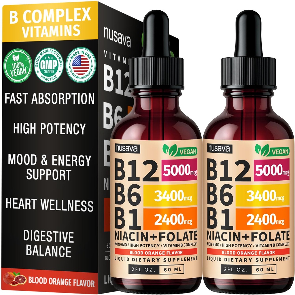 NUSAVA (2 Pack) Vitamin B12 Liquid Drops 5000mcg-B12 Sublingual with B6 & Vitamin B Complex -Methylcobalamin B12 Drops for Women & Men - Vegan Supplement,Non-GMO, Crimson Orange (2 Fl Oz, 80 Servings)