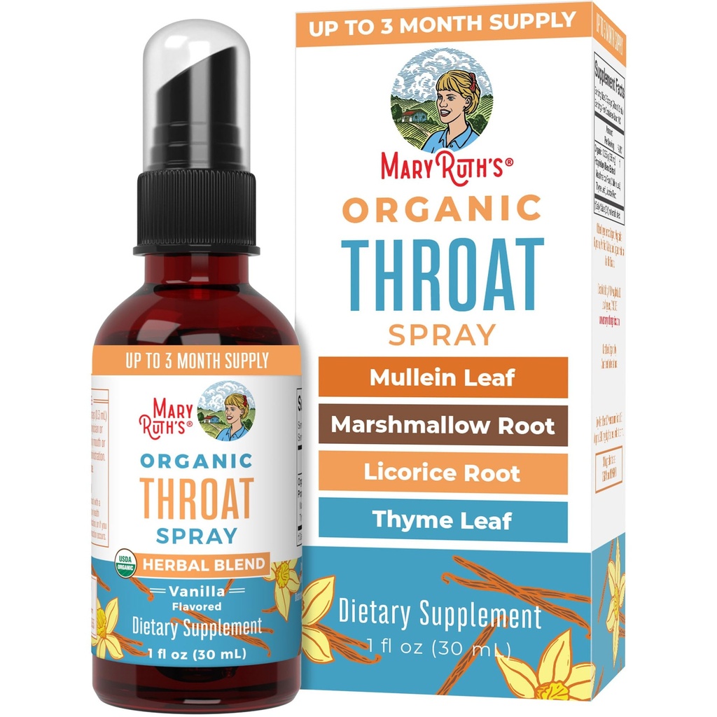 MARYRUTH'S USDA Organic Throat Spray with Mullein Leaf | Marshmallow Root & Licorice Root & Thyme Leaf | Vanilla | 4 Herbal Blend | Non-GMO | Vegan | Gluten Free | 1 Fl Oz | Up to 100 Servings
