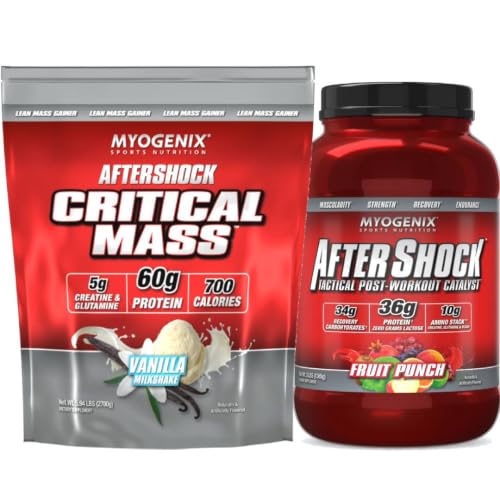 Myogenix Critical Mass Vanilla 5lbs & Aftershock Fruit Punch 3 lbs – Critical Mass: Whey Protein Powder, Creatine & Glutamine – Aftershock: Recovery Carbohydrates, Protein Powder, & Aminos Stack