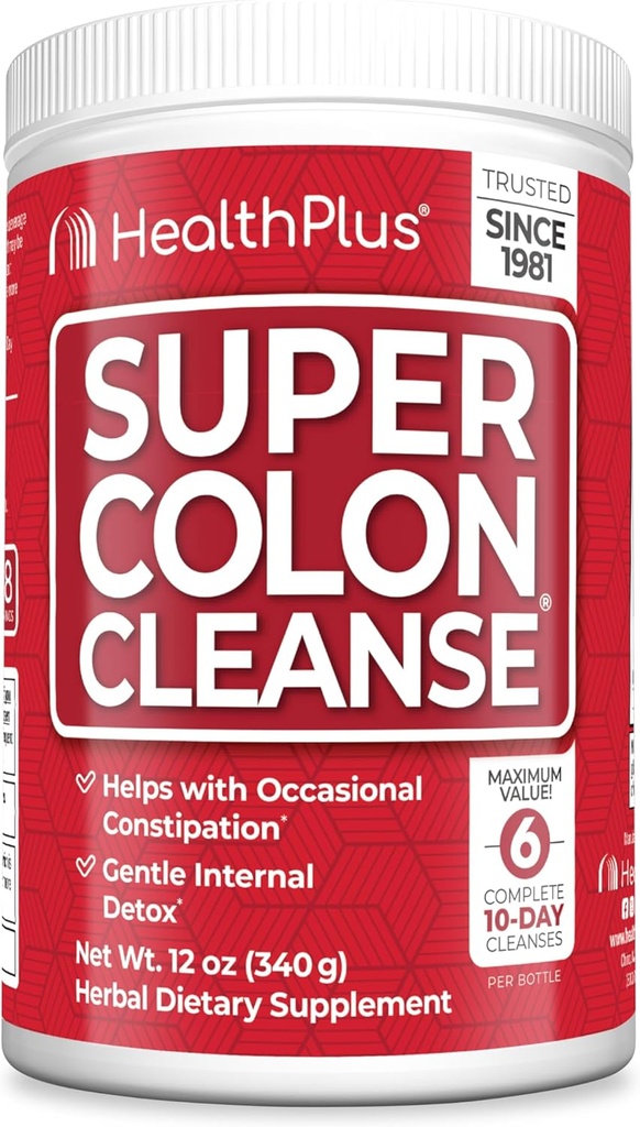 Health Plus Super Colon Cleanse, 12 oz Hauts, 68 zerbitzu - Detox naturala, digestio-lehia, Gentle Gut Cleanse Psyllium Husk eta Senna Leafekin
