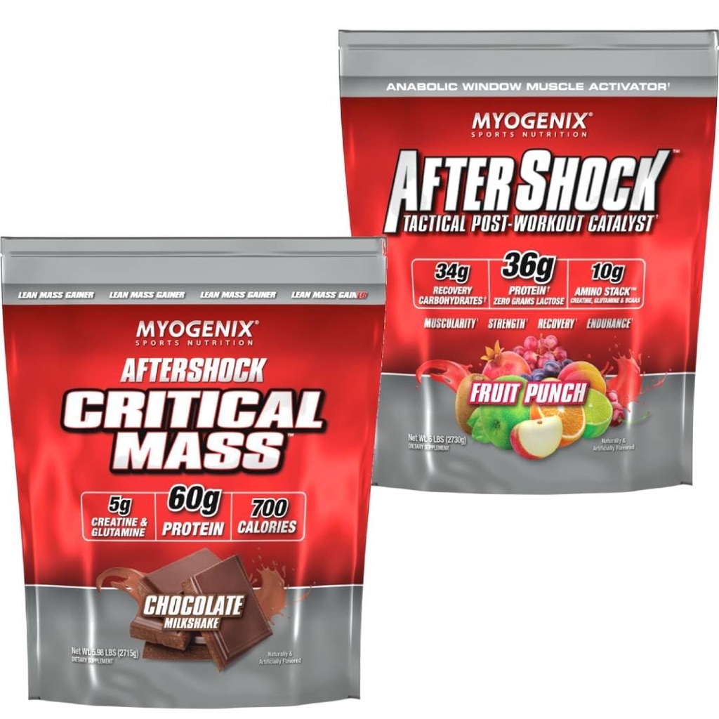 Myogenix Critical Mass Chocolate 5 lbs & Aftershock Fruit Punch 6 lbs – Critical Mass: Whey Protein Powder, Creatine & Glutamine – Aftershock: Recovery Carbohydrates, Protein Powder, & Aminos Stack