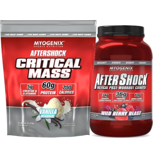 Myogenix Critical Mass Vanilla 5lbs & Aftershock Wildberry Blast 3 lbs – Critical Mass: Whey Protein Powder, Creatine & Glutamine – Aftershock: Recovery Carbohydrates, Protein Powder, & Aminos Stack
