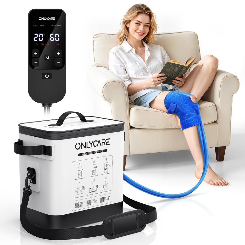 ONLYCARE Cold Therapy Ice Machine w/Programmable Timer & Quite Pump, Cryotherapy Machine Knee Surgery Recovery System w/ 10.6" x 11.4" Compression Pad for Knee, Thigh & Calf