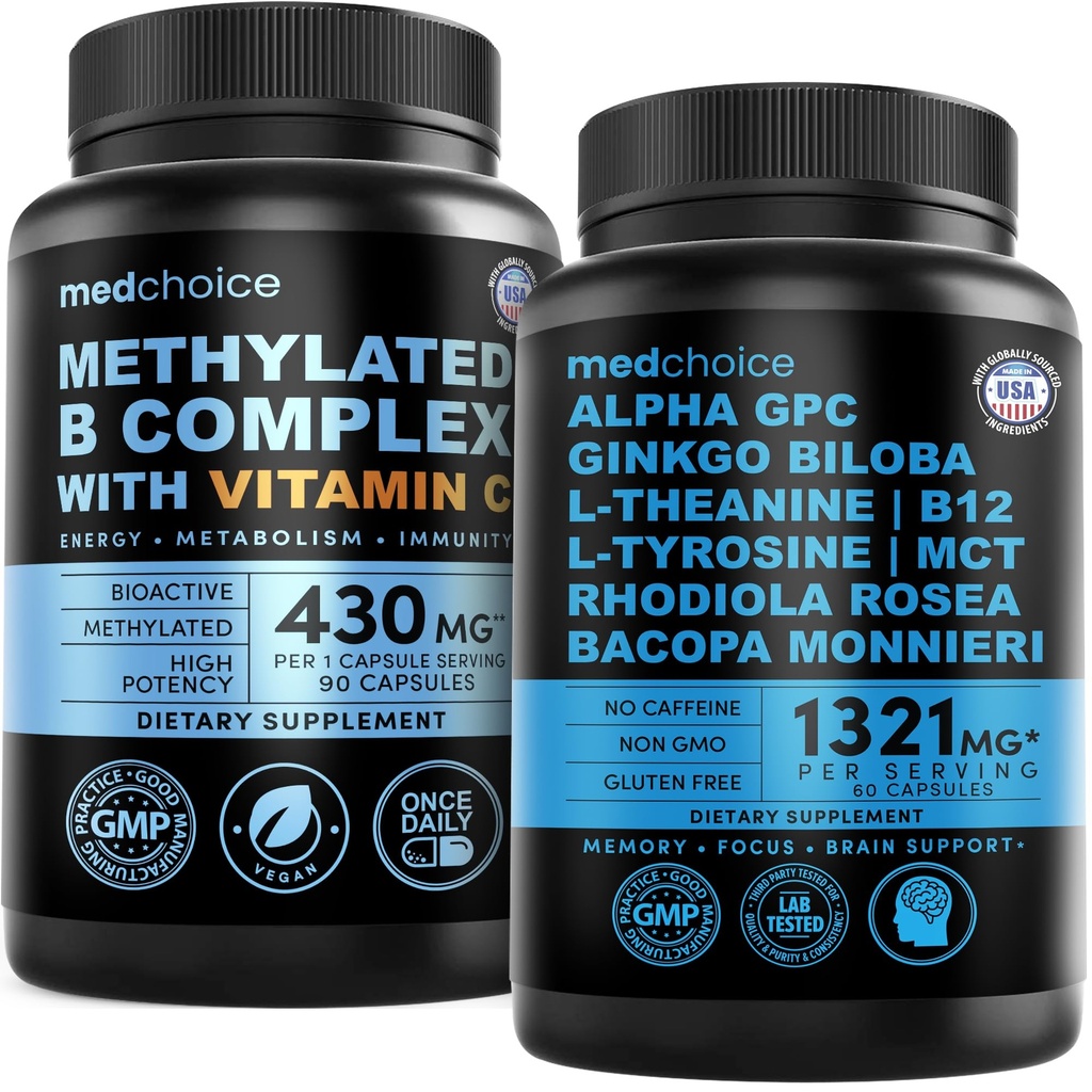 MEDCHOICE Methyl B Complex Capsules and Nootropic Brain Supplement for Memory and Focus - High Potency B Complex with L-Methylfolate and Ginkgo Biloba for Daily Cognitive Support