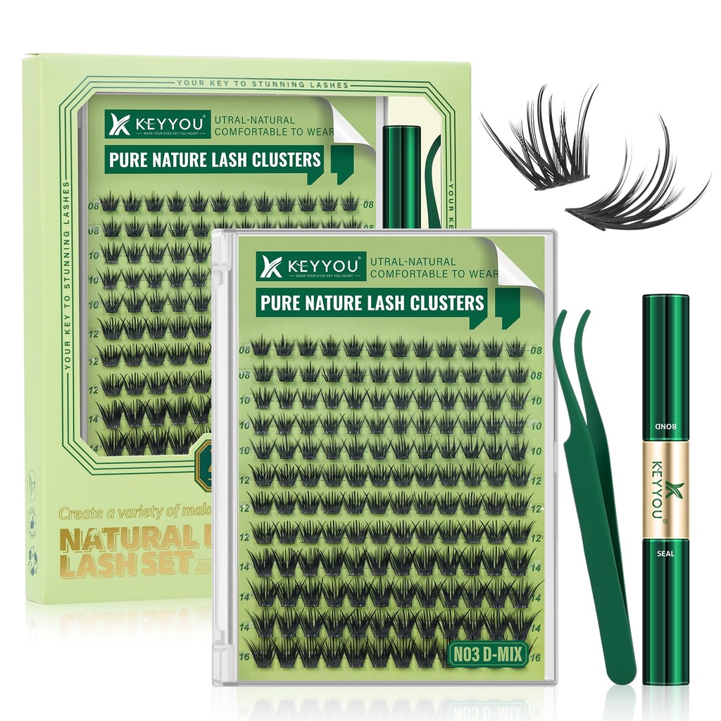 KEYYOU Natural Lash Clusters Kit 144Pcs DIY Lash Extension Kit Wispy Eyelash Extensions Kit D Curl 8-16MIX with Bond and Seal and tweezers with Thin Lash Band(KIT-N03-D-8-16MIX)
