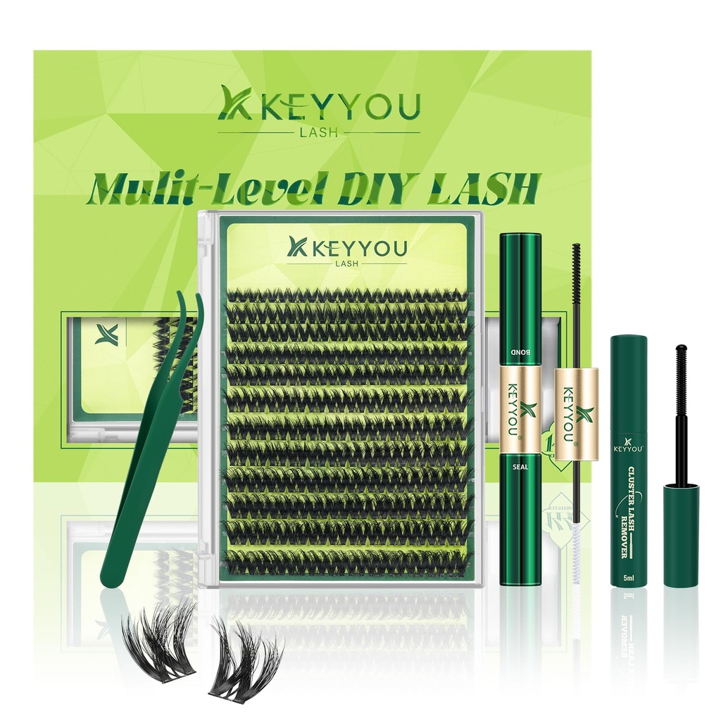 KEYYOU 3D Effect V3D01 Lash Clusters kit with Bond, Seal, Remover& Tweezers | Flora wispy 3D D Curl 8-18mm lashes. Waterproof ultra-thin band, reusable & beginner-friendly. Natural volume, salon quality