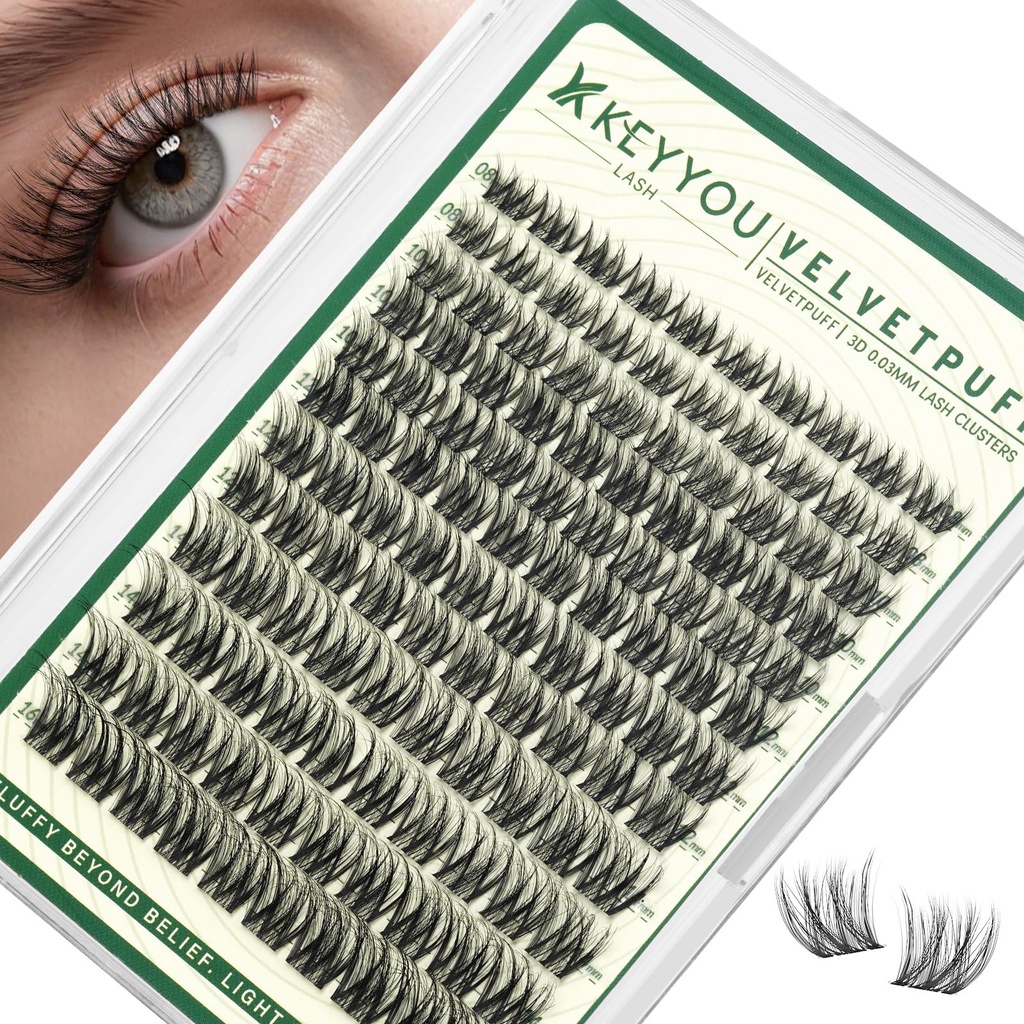 KEYYOU Lash Clusters Wispy Cluster Eyelash Extensions, 0.03mm Ultra-Thin, C Curl 8-16mm 3D Natural Look Soft Lightweight DIY Lashes, 120pcs Velvetpuff-A
