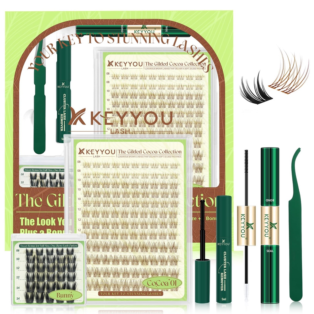 KEYYOU Brown Velure Lash Clusters Kit Bonus Black Bunny Lashes DIY at Home | 150pcs C Curl 8-16/8-14MIX,with Bond and Seal,Remover,Applicator,Natural Wispy Manga Style Suitable for Students&Office