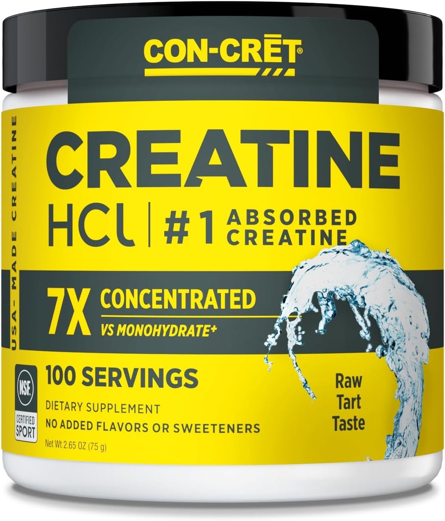 CON-CRET Creatina HCl Powder | Muscle, Cognitive, Cellular Energy Support | Sen bloqueos ou cámpings | EUA Made & NSF Certified | Unflavored (100 Servizos)