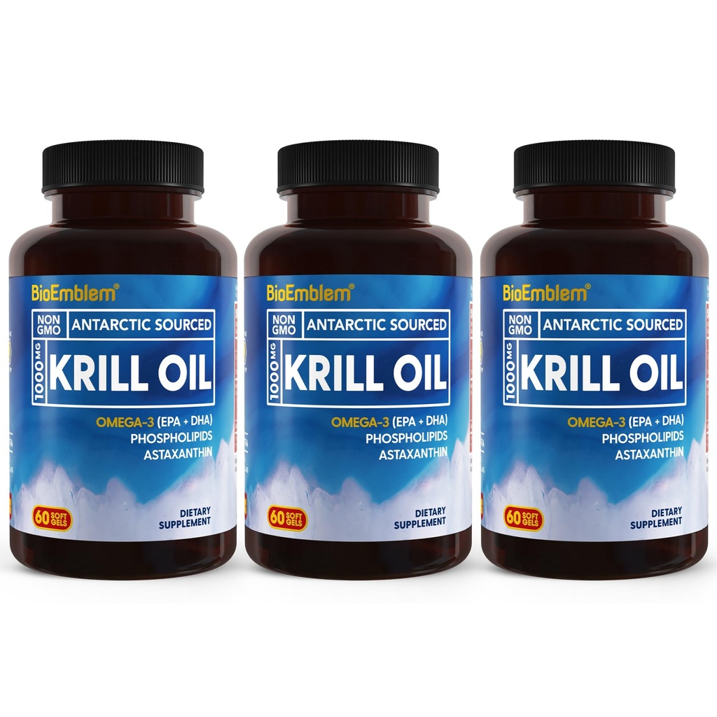 BioEmblem 3 Pack Antarctic Krill Oil 1000mg Softgels, Omega-3s Oil with High Levels of EPA + DHA, Astaxanthin, and Phospholipids, Supports Brain Health, 180-Count Non-GMO, Gluten Free, 90 Days Supply