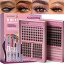 Volume Cluster Lashes Kit 268PCS 8-Function 3 Upper 1 Lower Mix Style Dramatic Complete DIY Eyelash Extension Kit Bond Seal Remover Tweezers Reusable Date Night Ready