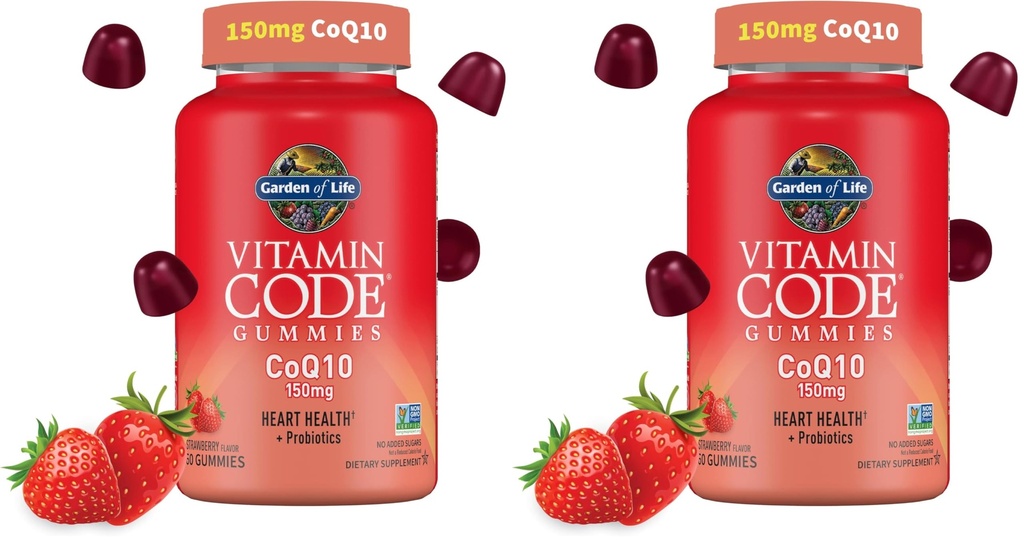 Garden of Life Vitamin Code CoQ10 Gummies - Heart Health and Cellular Energy Support with Prebiotics and Probiotics, Gluten-Free, Non-GMO, Strawberry Flavor, 60 Gummies (Pack of 2)