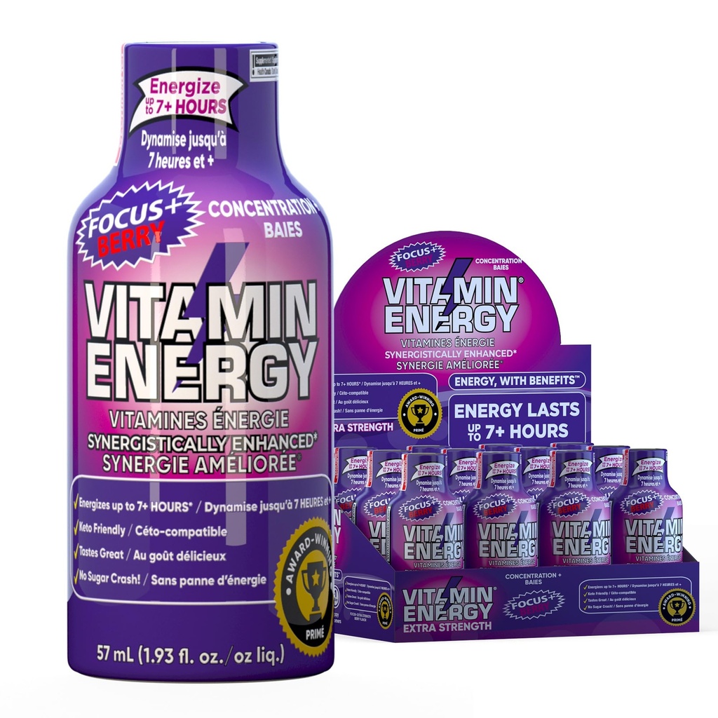 Vitamin Energy Focus+ Extra Strength Energy Shot Berry 12 Pack, 260mg Natural Caffeine, B-Vitamins, CoQ10, Amino Acids, Focus, Productivity & Clarity, Zero Sugar, Gluten-Free, 1.93 fl oz