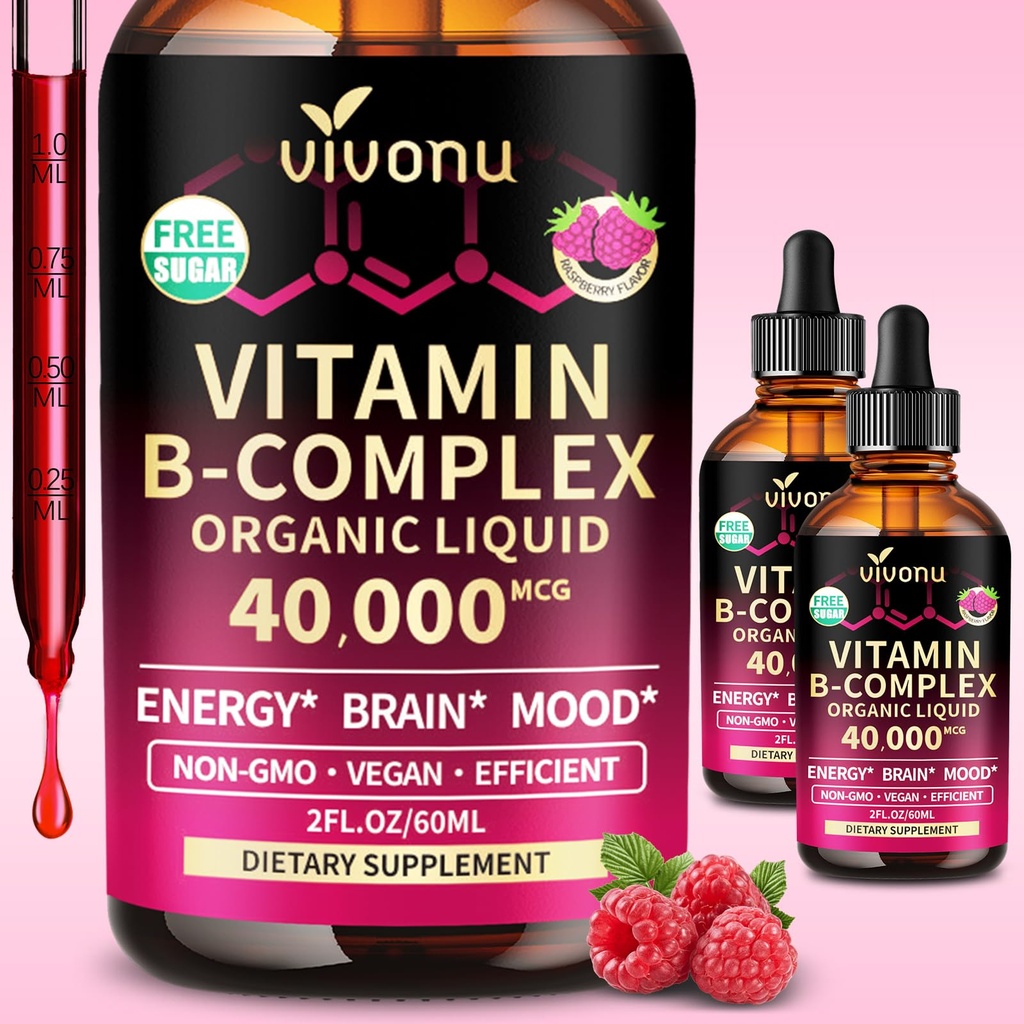 VivoNu Vitamin B Complex Liquid Drops, 50mg Inositol, Vitamin B12 (6000 mcg), B6 B1, B2, B3, B5, and Methylfolate Support Energy, Raspberry Flavor, Natural Ingredient, Non GMO - 2 Pack