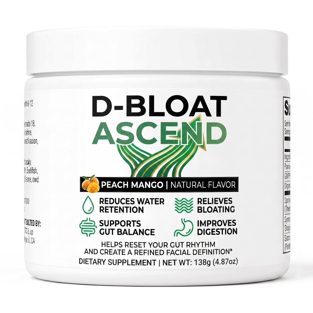 D Bloat Ascend Labs Debloat Powder, Bloating Relief, 4.87 oz | With Digestive Enzymes Vitamin C, Supports Digestive Comfort & Gut Balance,Peach Mango Flavor