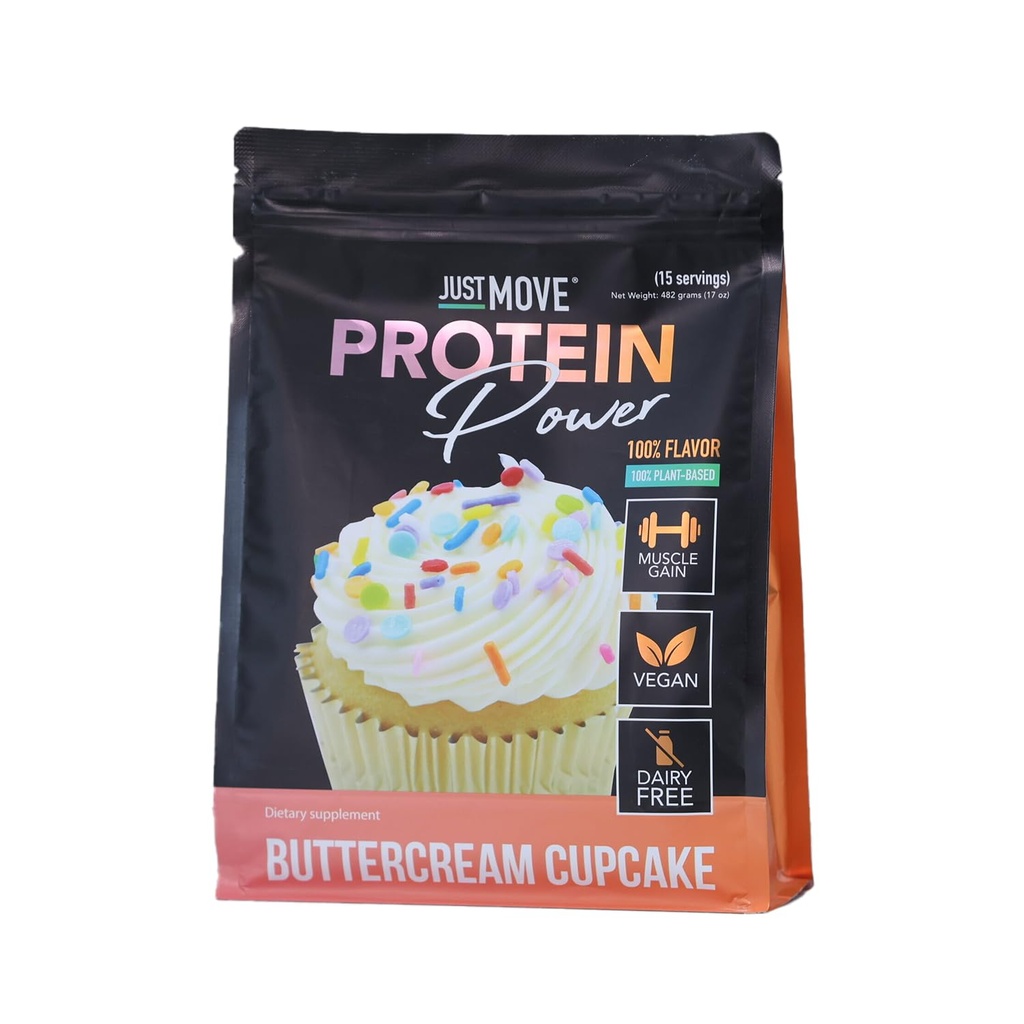 Just Move Protein - Buttercream Cupcake - Vegan (Plant Based), Organic, Dairy Free, Soy Free, Gluten Free, Keto, Peanut Free, 20g Protein, Low Carb, Non GMO (15 Servings)