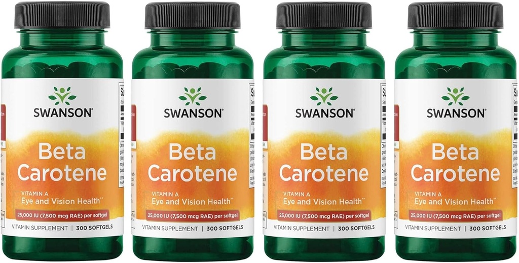 Swanson Beta-Carotene Vitamin A 25000 IU Softgels - Skin, Eye, and Immune System Health - Antioxidant Support - 7500 mcg (300 Softgels) (4 Pack)