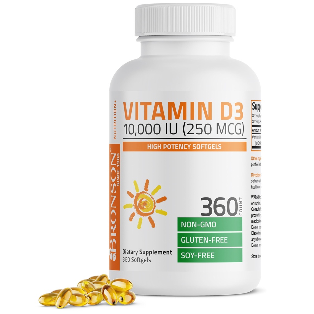 Bronson Vitamin D3 10,000 IU (250 mcg) High Potency - Supports Healthy Immune System, Strong Bones, Muscles & Teeth - Non GMO, 360 Softgels
