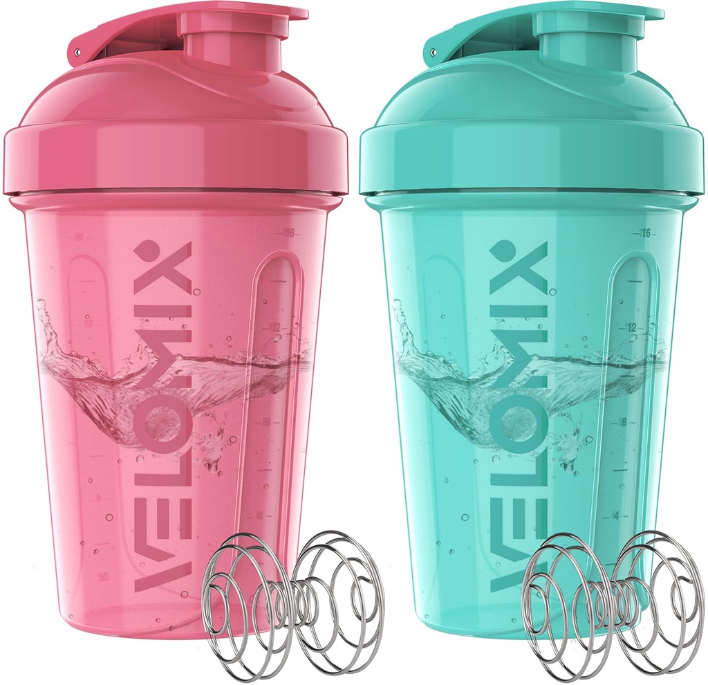 VELOMIX -2 Pack- 20 oz Protein Shaker Bottles for Protein Mixes - 2x Wire Whisk | Leak Proof Shaker Cups for Protein Shakes and Pre Workout | Protein Shaker Bottle Pack (A4) Pink/Turquoise