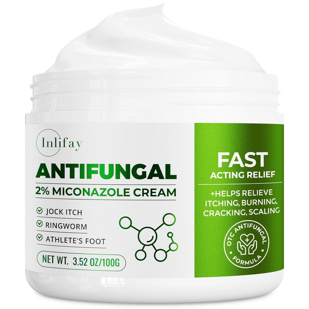 Inlifay 2% Miconazole Antifungal Cream: Helps relieve the itching, burning, cracking, and scaling associated with fungal infections such as athlete's foot,jock itch, and ringworm(3.52 OZ)
