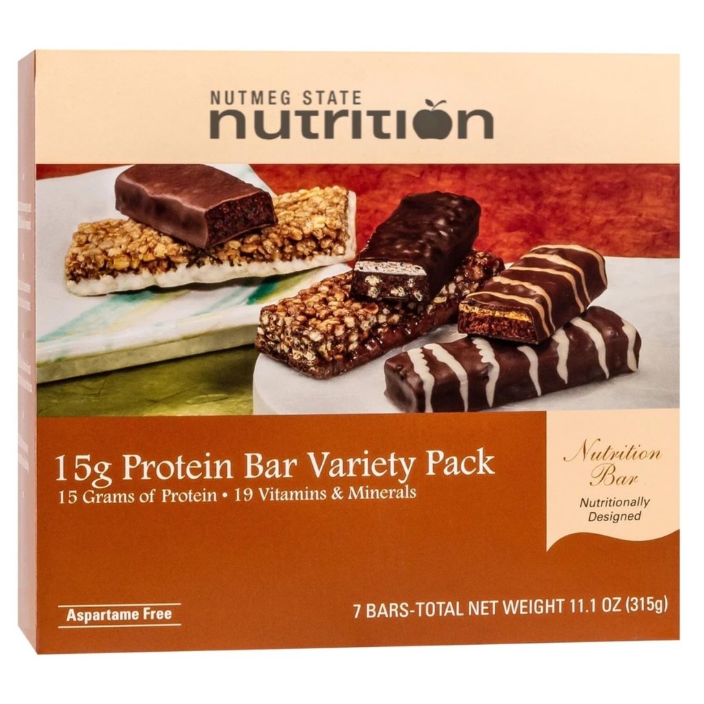Nutmeg State Nutrition High Protein Bars, 7 Servings Per Box (1 Box (7 Servings), Variety 15g (Chocolate Almond, Caramel Cocoa, Cinnamon, Dark Chocolate S'mores, Fudge Graham, Peanut, Peppermint Cocoa Crunch))