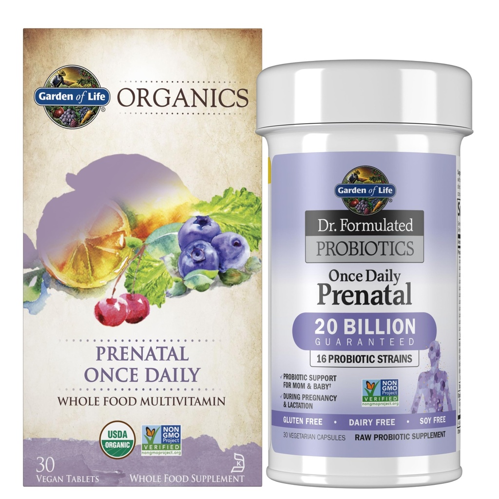 Garden of Life Once Daily Prenatal Bundle: Organics Prenatal Once Daily Multivitamin, 30 Vegan Tablets + Dr. Formulated Once Daily Prenatal Probiotics 20 Billion CFU, 30 Vegetarian Capsules