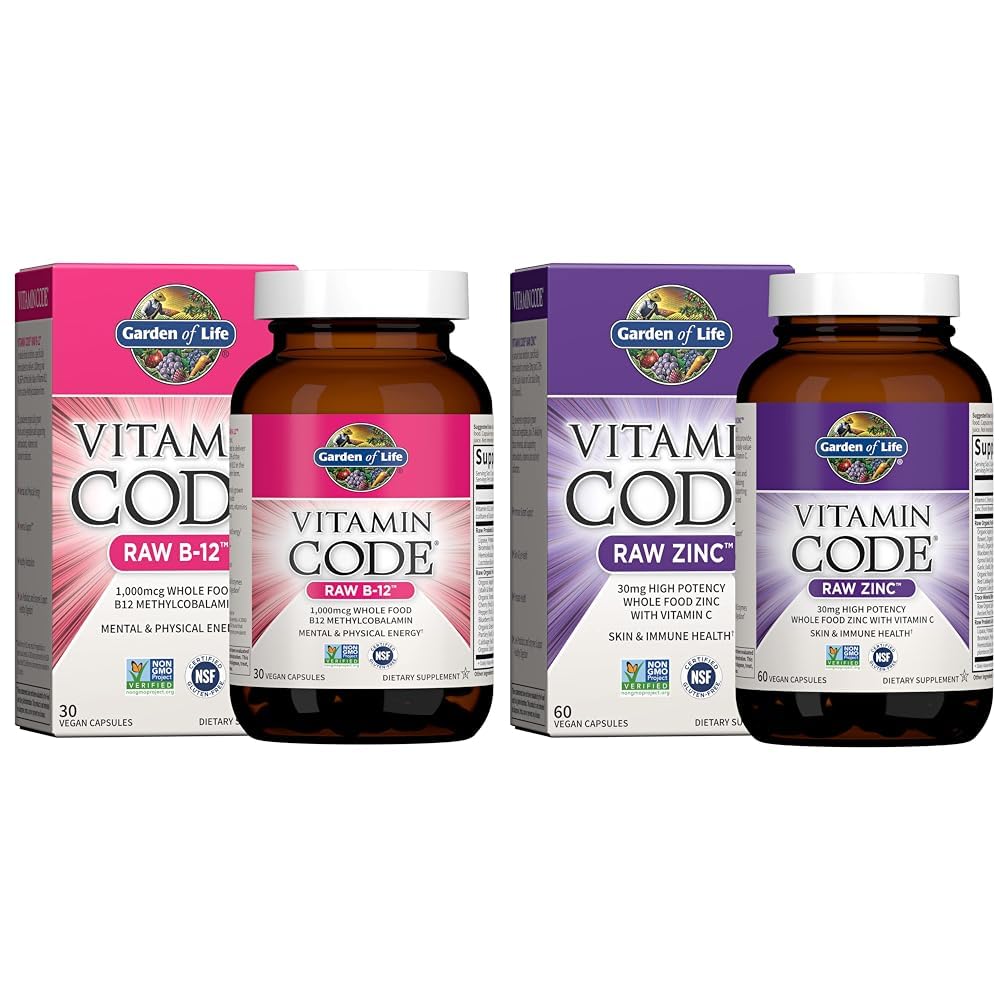 Garden of Life B12 30 Capsules 1000mcg Methylcobalamin Plus Zinc 30mg High Potency Raw Zinc Vitamin C Multimineral