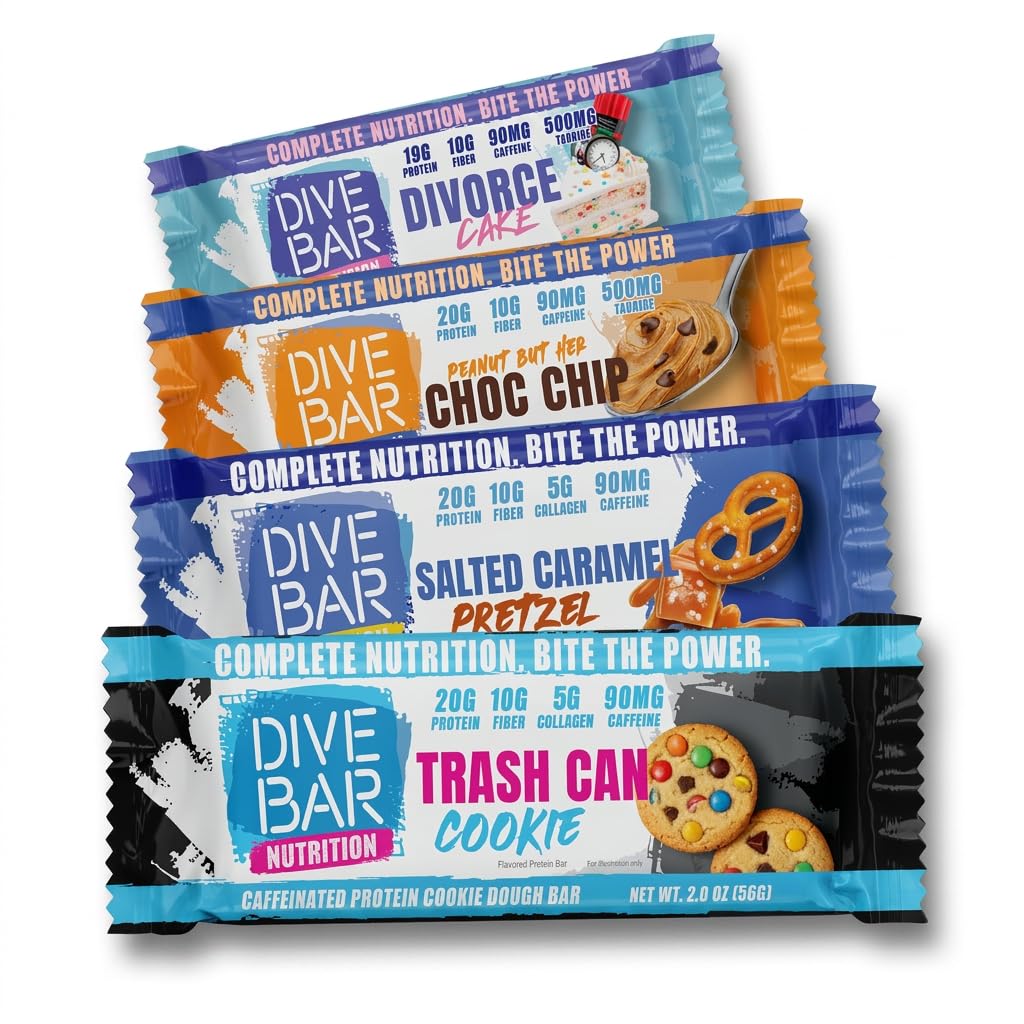 Dive Bar Nutrition Protein Bars | 20g Protein, 10g Fiber + Collagen | 90mg Caffeine Energy Snack | 4 Count (Starter Pack)