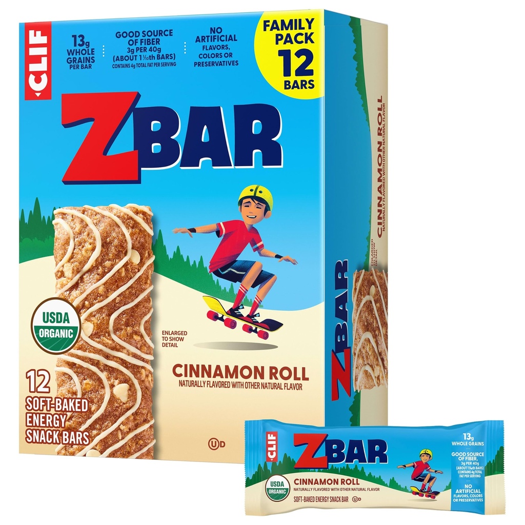 Zbar - Cinnamon Roll - Soft-Baked Energy Snack Bars - Non-GMO - 13g Whole Grains - USDA Organic Granola Bars - Snacks for Kids (12 Pack)