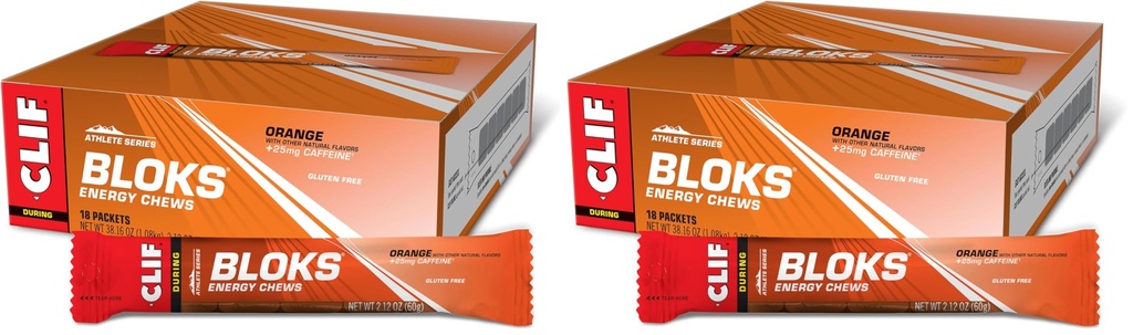 CLIF BLOKS - Orange Flavor with Caffeine - Energy Chews - Non-GMO - Plant Based - Fast Fuel for Cycling and Running - Quick Carbohydrates and Electrolytes - 2.12 oz. (18 Count) (Pack of 2)