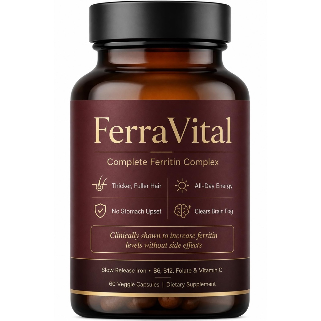 FerraVital Ferritin Supplement for Women – Iron Supplement with Ferrous Glycinate, Vitamin C, B12, B6, Folate & Zinc – Supports Healthy Iron Levels & Daily Energy – 60 Capsules
