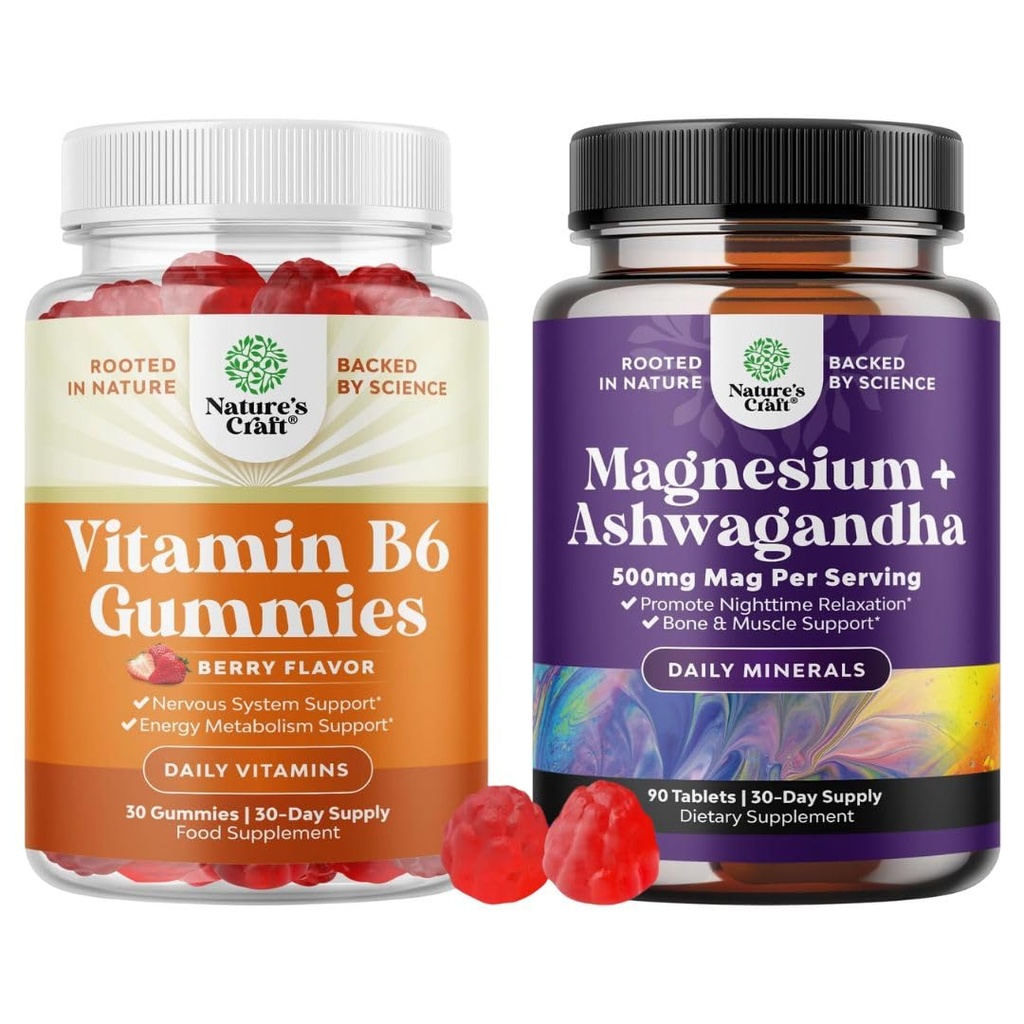 Bundle of Potent Vitamin B6 Gummies for Adults - Vitamin B Complex Supplements for Nervous System and Pure Calm Relaxing Magnesium Glycinate Supplement with Ashwagandha for Stress Support & Rest