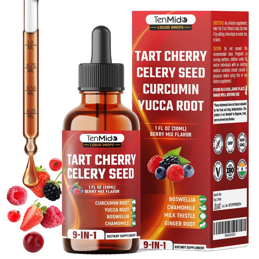 Tart Cherry Extract Liquid Drops - 9in1 with Celery Seed, Curcumin, Yucca Root, Boswellia, Chamomile, Milk Thistle, Ginger, and Citrus Limon - Vegan, Non-GMO - 30ml 1 Fl Oz
