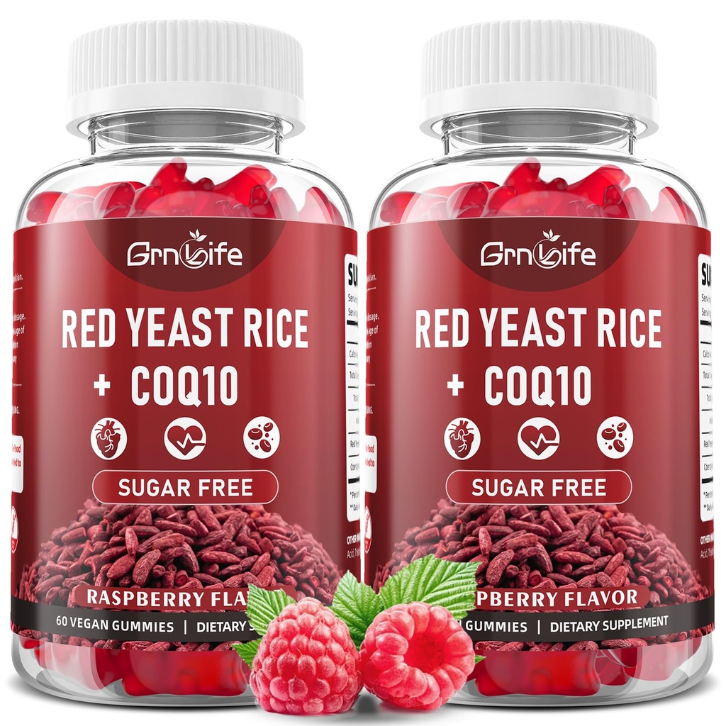 2 Pack Red Yeast Rice with Coq10 Gummies, Red Yeast Rice Supplement, Sugar Free, Raspberry Flavor, 120 Count