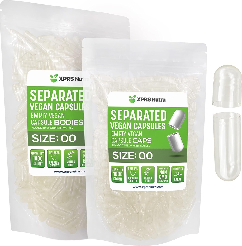 XPRS Nutra Vegan Tamaño 00 Capsules Separados - 1000 Count Premium Empty Capsules Separados en Bolsas - Clear Empty 00 pílulas para o suplemento DIY