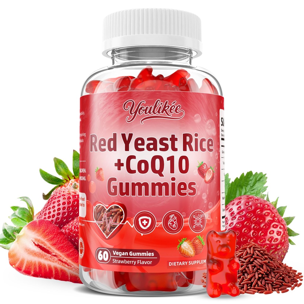 Red Yeast Rice Gummies 1200mg with CoQ10 100mg, Red Yeast Rice Supplement | Supports Cellular Energy Production and Natural Antioxidant Defense, Vegan, Gluten-Free, Strawberry Flavor, 60 Count