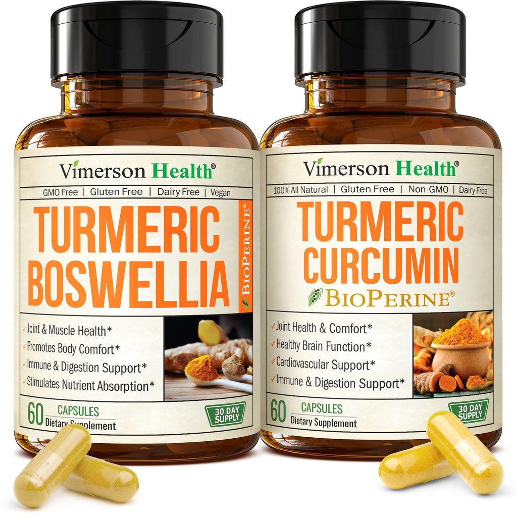 Turmeric Boswellia + Turmeric Curcumin Supplement Bundle – Organic Turmeric, Ginger Root + Tumeric Extract (95% Curcuminoids) for Joint Support & Digestive Health - Pure Curcumin with Black Pepper
