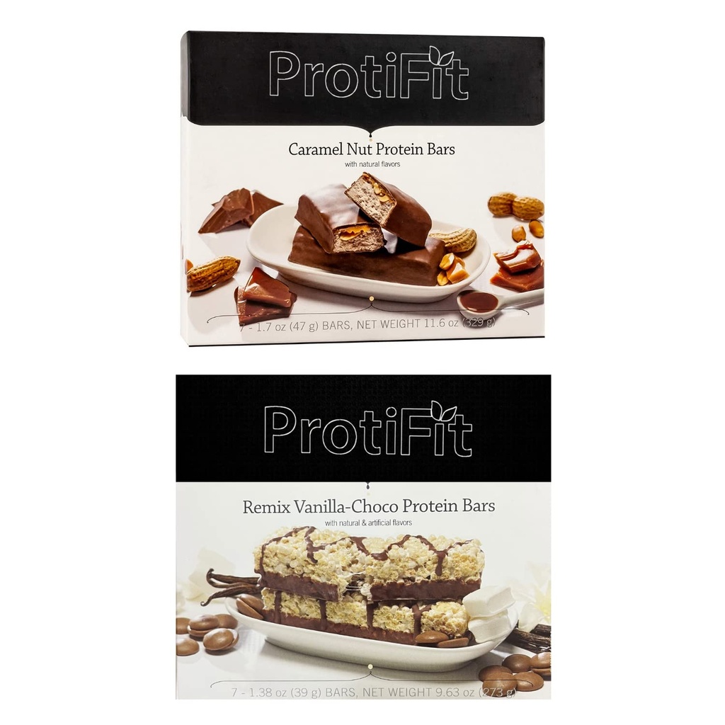 PROTIFIT - Low Calorie Caramel Nut & Remix Vanilla-Choco Protein Bar 2 Pack, High Protein, 15g Protein, Low Carb, Low Sugar, Ideal Protein Compatible, 7 Servings Per Box, (2 Pack)