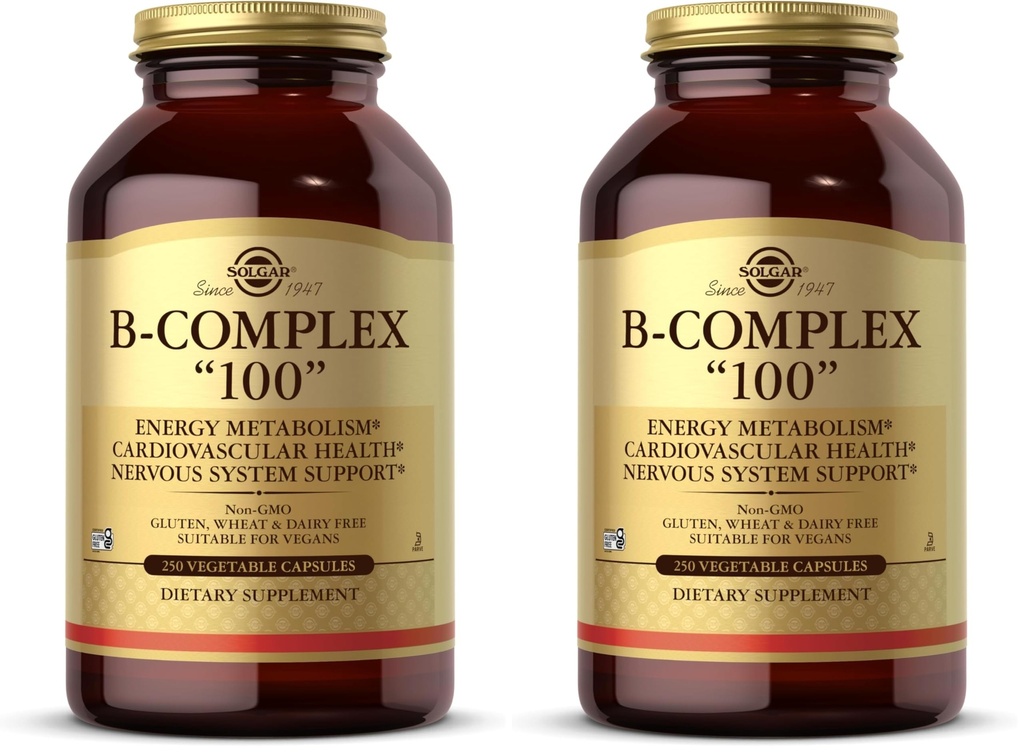 Solgar B-Complex 100",250 Vegetable Capsules - Nervous System Support - Supports Energy Metabolism - Non-GMO,Vegan,Gluten Free,Dairy Free,Kosher - 250 Servings,(Pack of 2)
