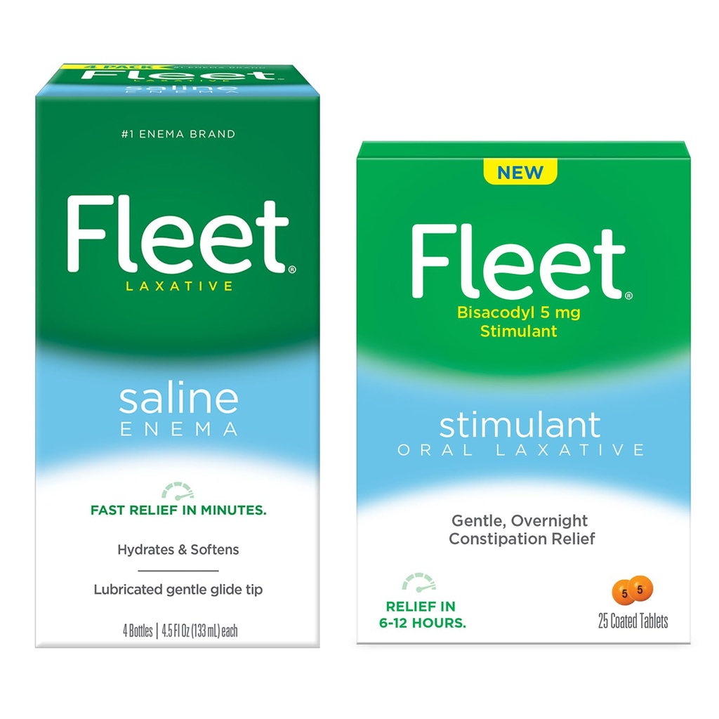 Fleet Laxative Saline Enema for Adult Constipation, 4.5 fl oz, 4 Bottles Laxative, Oral Laxative Stimulant, Overnight Constipation Relief, Laxative Tablets, 25 Count