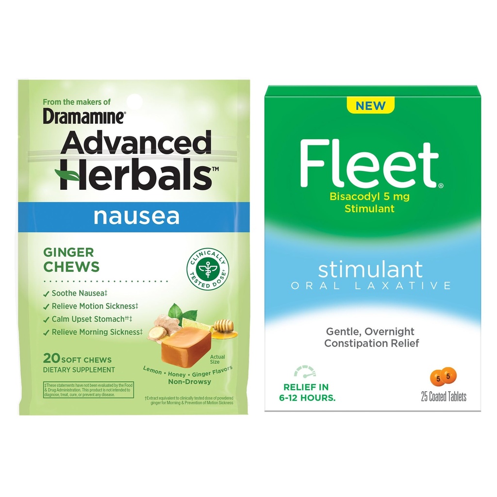 Dramamine Fleet + Advanced Herbals Digestive Convenience Bundle, Oral Laxative Stimulant Tablets 25 Count, Ginger Soft Chews 20 Count
