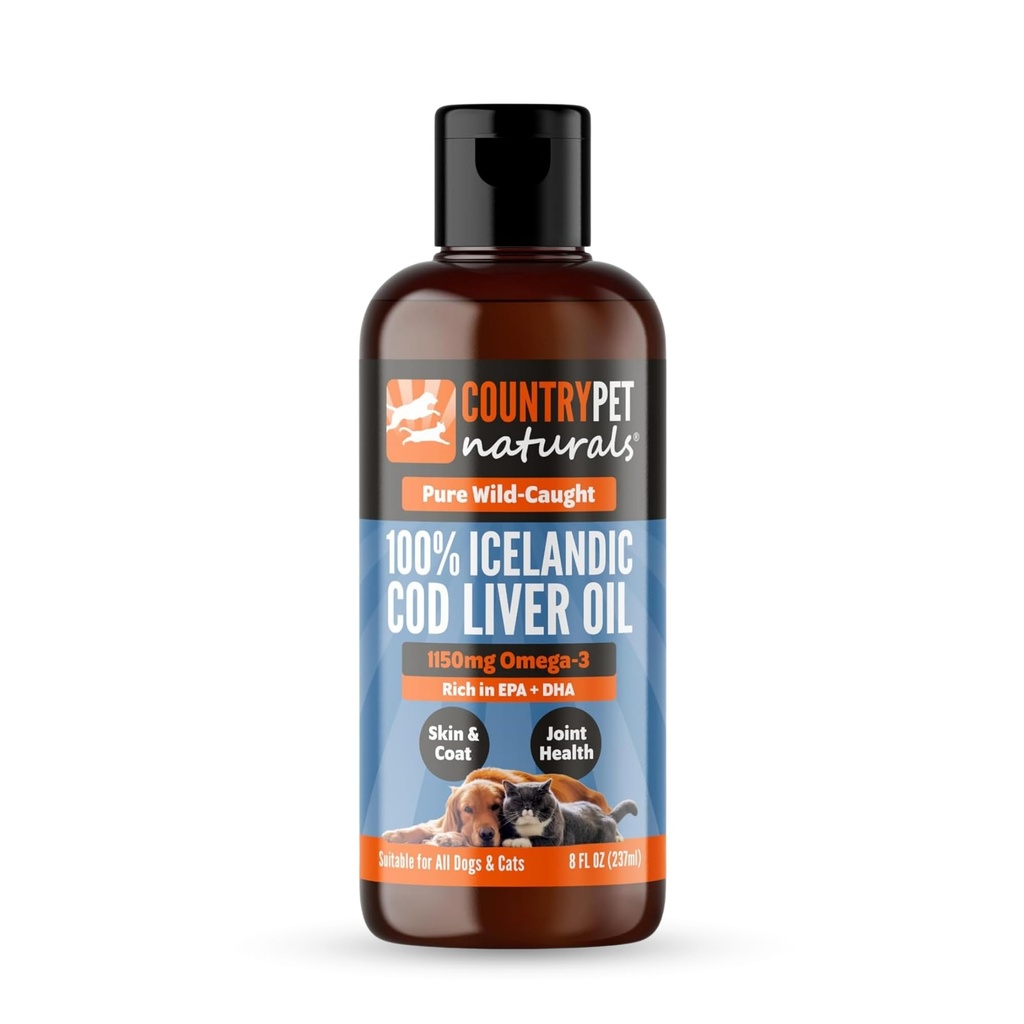 Wild-Caught Pure Icelandic Cod Liver Oil for Dogs & Cats 8oz, Single-Ingredient, 1150 mg Omega-3, High EPA/DHA, Natural Vits A&D, Supports Healthy Skin, Coat & Mobility, 8oz bottle