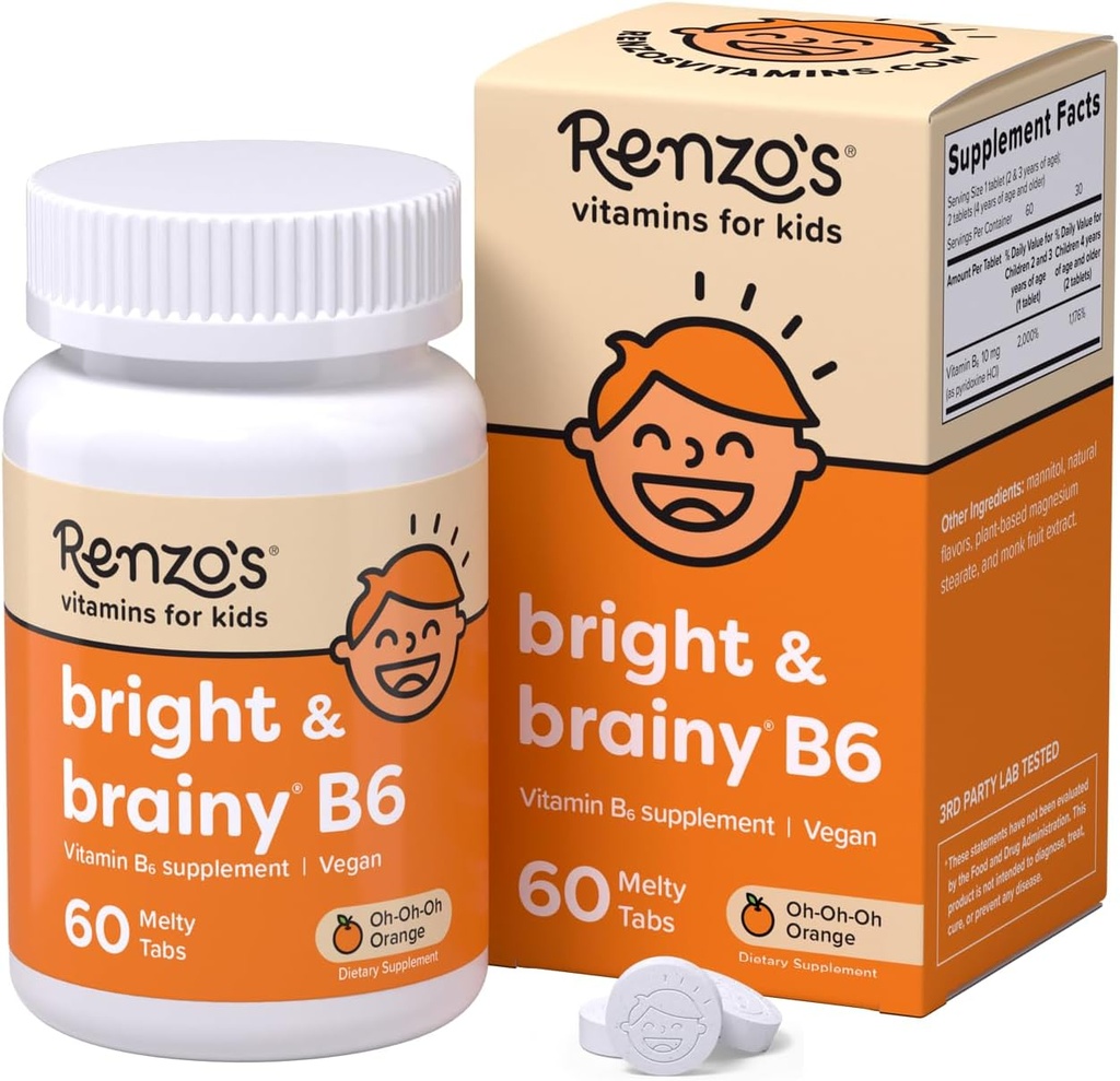 Renzo's Bright & Brainy Vitamin B6, Dissolving Kids Vitamin B6, 60 Sugar-Free Melty Tabs, Oh Oh Oh Oh Orange smaksatt