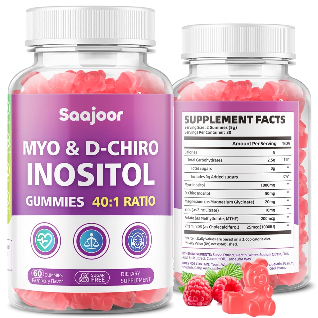 Myo-Inositol & D-Chiro-Inositol Gummies with Vitamin D3, Magnesium Glycinate, Folate & Zinc, Inositol Supplement for Female Health, Vegan, Raspberry Flavor, 60 Gummies