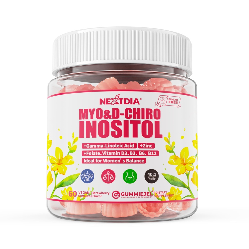 Nextdia Inositol Filled Gummies Supplement for Women, 40:1 Ratio Myo-Inositol 2000mg & D-Chiro Inositol 50mg + Evening Primrose Oil, 59 Cts
