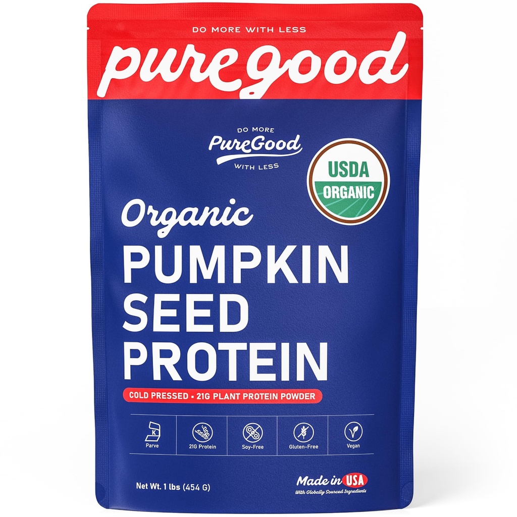 PureGood Organic Pumpkin Seed Protein Powder, 1 lb, Cold Pressed | 21g Plant Protein, Unflavored, USDA Organic, Vegan, Gluten-Free, Soy-Free, Kosher Pareve, Made in USA