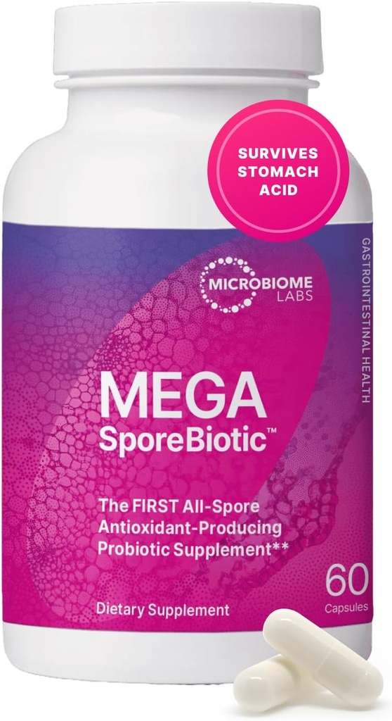 Microbiome Labs MegaSporeBiotic Probiotics for Women & Men - Προβιοτικά με βάση το σπόρο για Digestive Health - Ράφι Stable & Travel-Friendly (60 Κάψουλες)