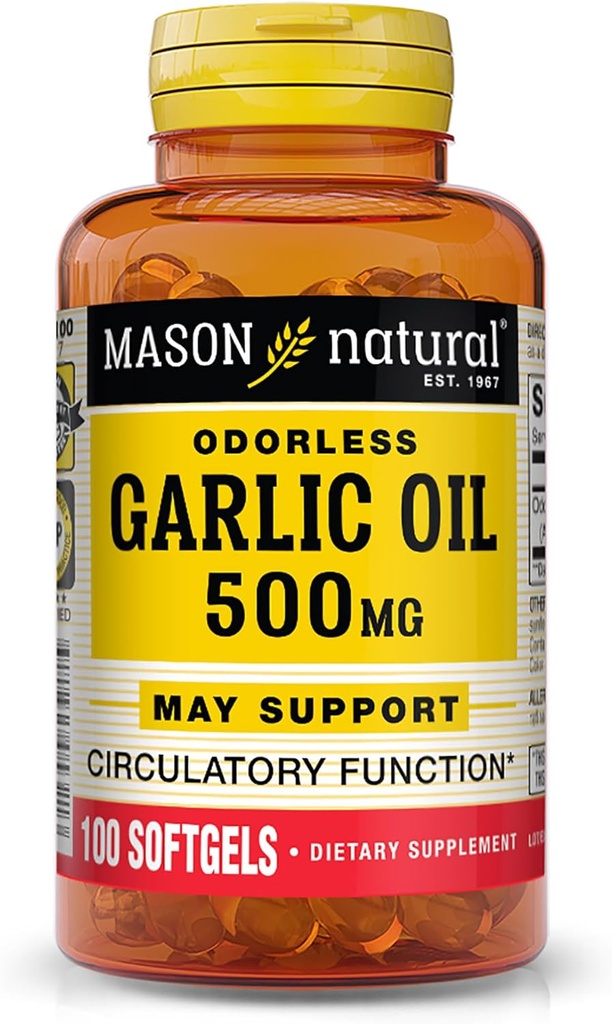 MASON NATURAL Huile d'ail 500 mg Supplément Allium Sativam sans odorat - Soutient une fonction circulatoire saine, 100 softgels